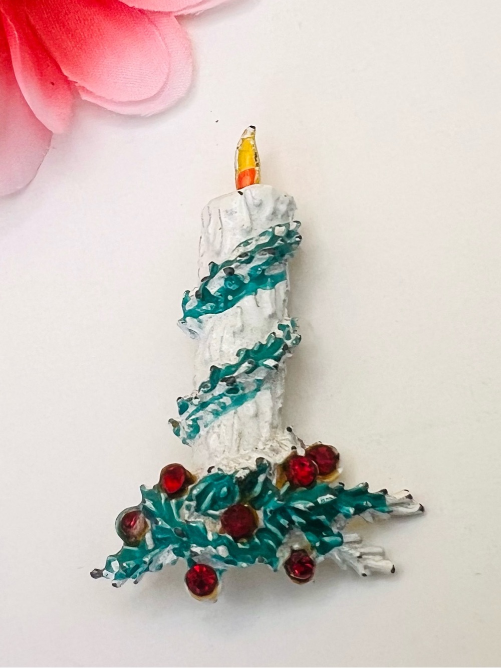 Holiday White Candle Brooch with Teal Garland and Red Berries